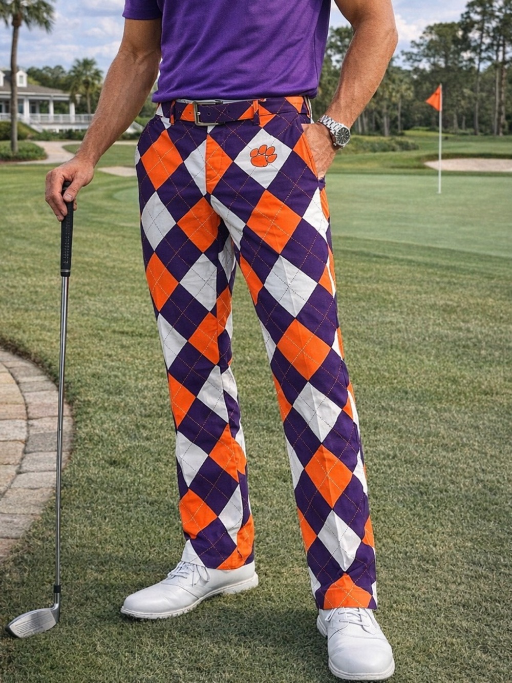Loudmouth Golf Clemson Tigers Pants 30 x 29.5 Argyle Orange Purple Preppy Cool